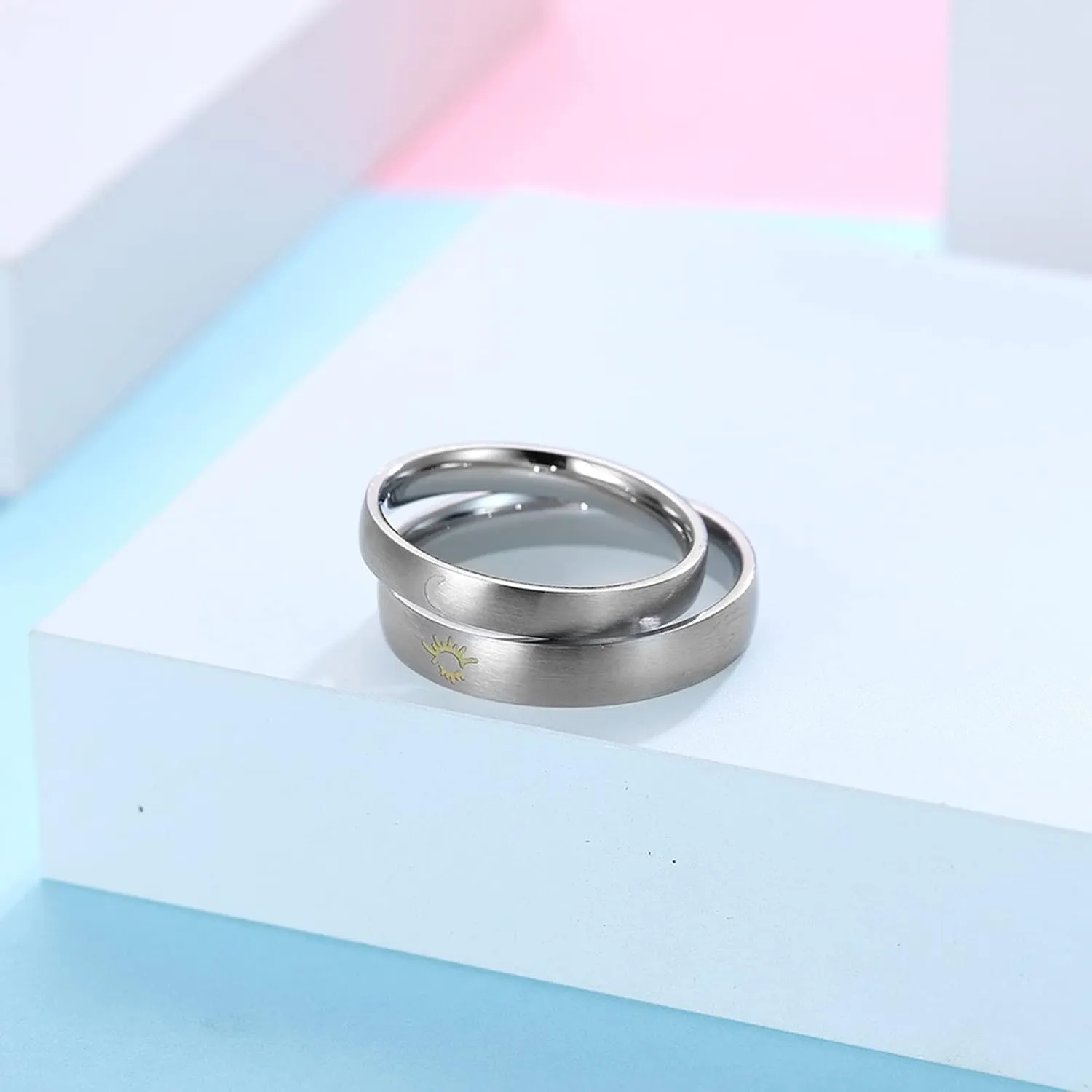 Couple Ring, 4MM Stainless Steel Ring Silver Sun Moon Glow in the Dark Ring Jewelry
