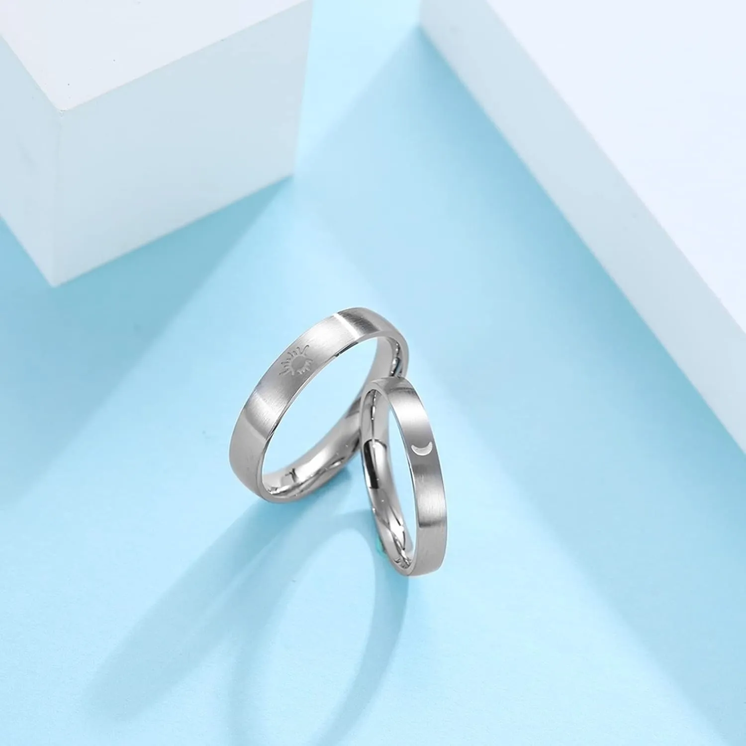 Couple Ring, 4MM Stainless Steel Ring Silver Sun Moon Glow in the Dark Ring Jewelry