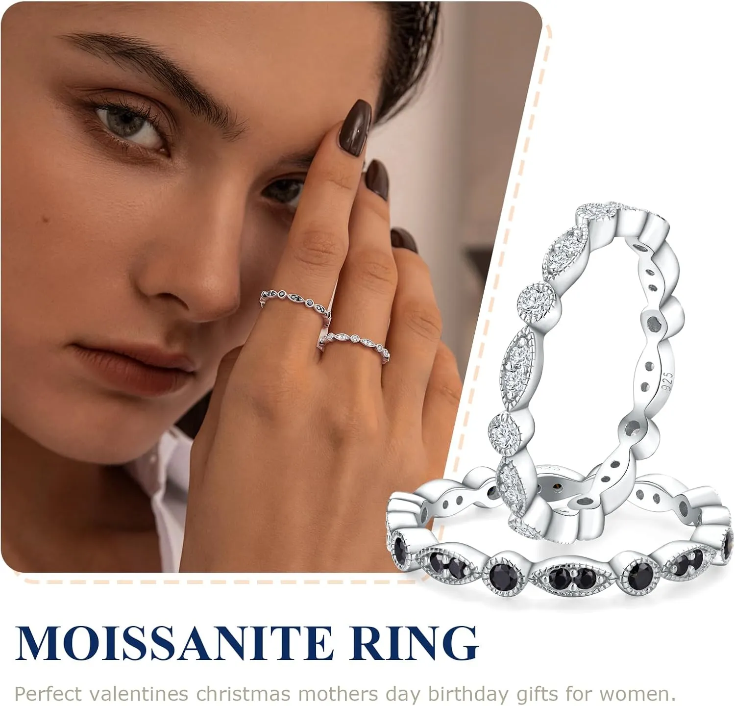 Crisss Cross Ring, Moissanite Wedding Band, 14K Gold Plated Sterling Silver Wedding Rings for Women Stackable Bezel/Curve/Wishbone Eternity Ring for Her, Size 6-10