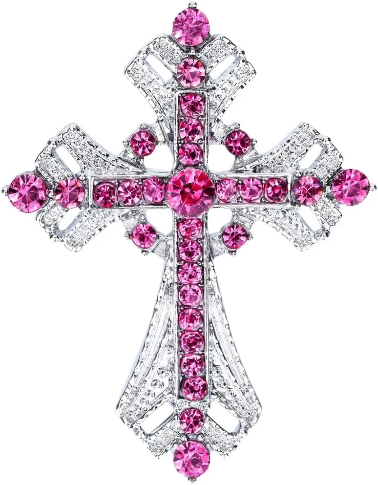 Cross brooches and pins for women Sparkling Aquamarine Clear Crystal Rhinestones Holy Cross Christian Religious Jewelry