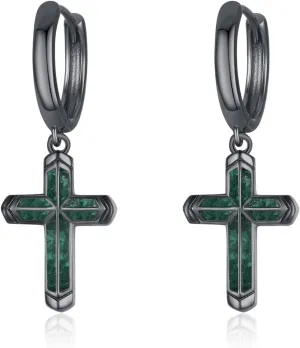 Cross Earrings 925 Sterling Silver Small Black/Silver Huggie Hoops Dangle Earrings Christian Jewelry Gifts for Women Men