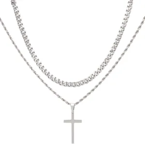 Cross Necklace for Men, FOWSRHRGS tainless Steel Cross Pendant Necklaces with Cuban Link Chain, Silver Double Layered Cross Necklaces for Men, Christmas Jewelry Gift for Father Husband