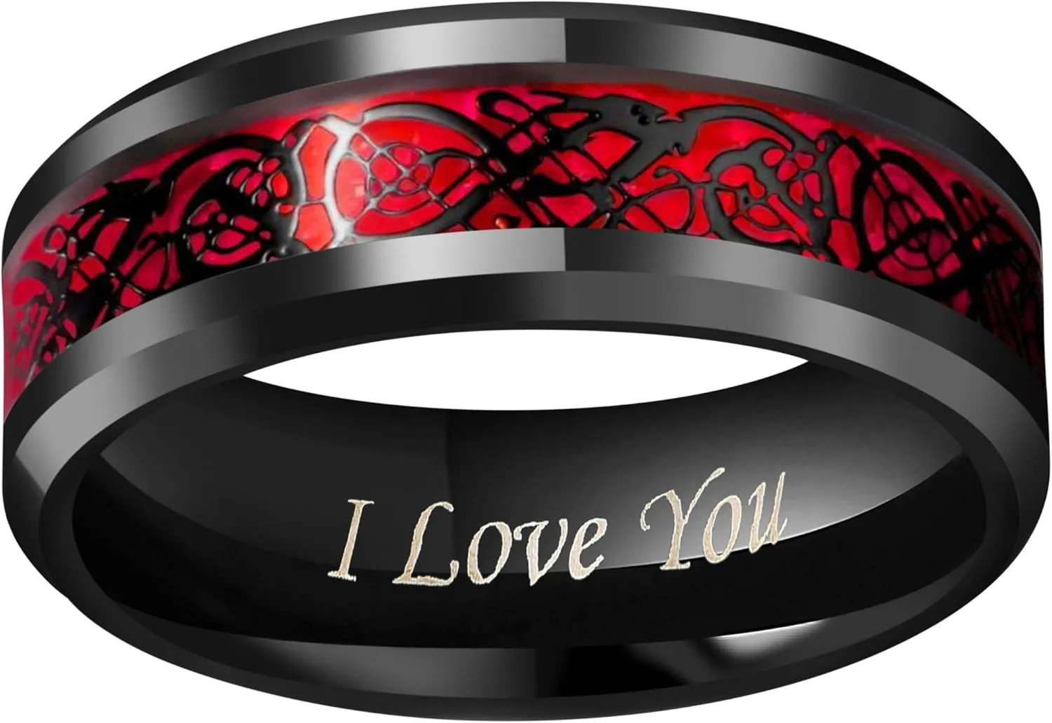 CROWNAL Black Dragon Men Black Tungsten Carbide Ring Wedding Band 6mm 8mm 10mm Red Carbon Fiber Black Celtic Dragon Inlay Engraved I Love You Size 7 to 17
