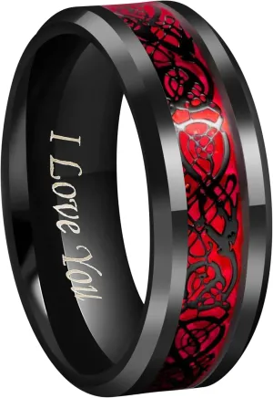 CROWNAL Black Dragon Men Black Tungsten Carbide Ring Wedding Band 6mm 8mm 10mm Red Carbon Fiber Black Celtic Dragon Inlay Engraved I Love You Size 7 to 17