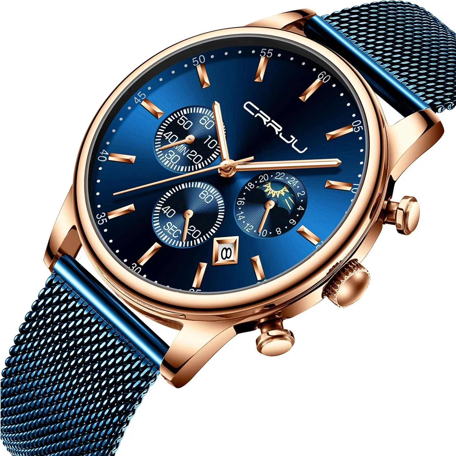 CRRJU Men's Fashion Casual Watches Auto Date Chronograph Watch Men Nice Work Watches Waterproof 30M Full Steel Quartz with Mesh Strap