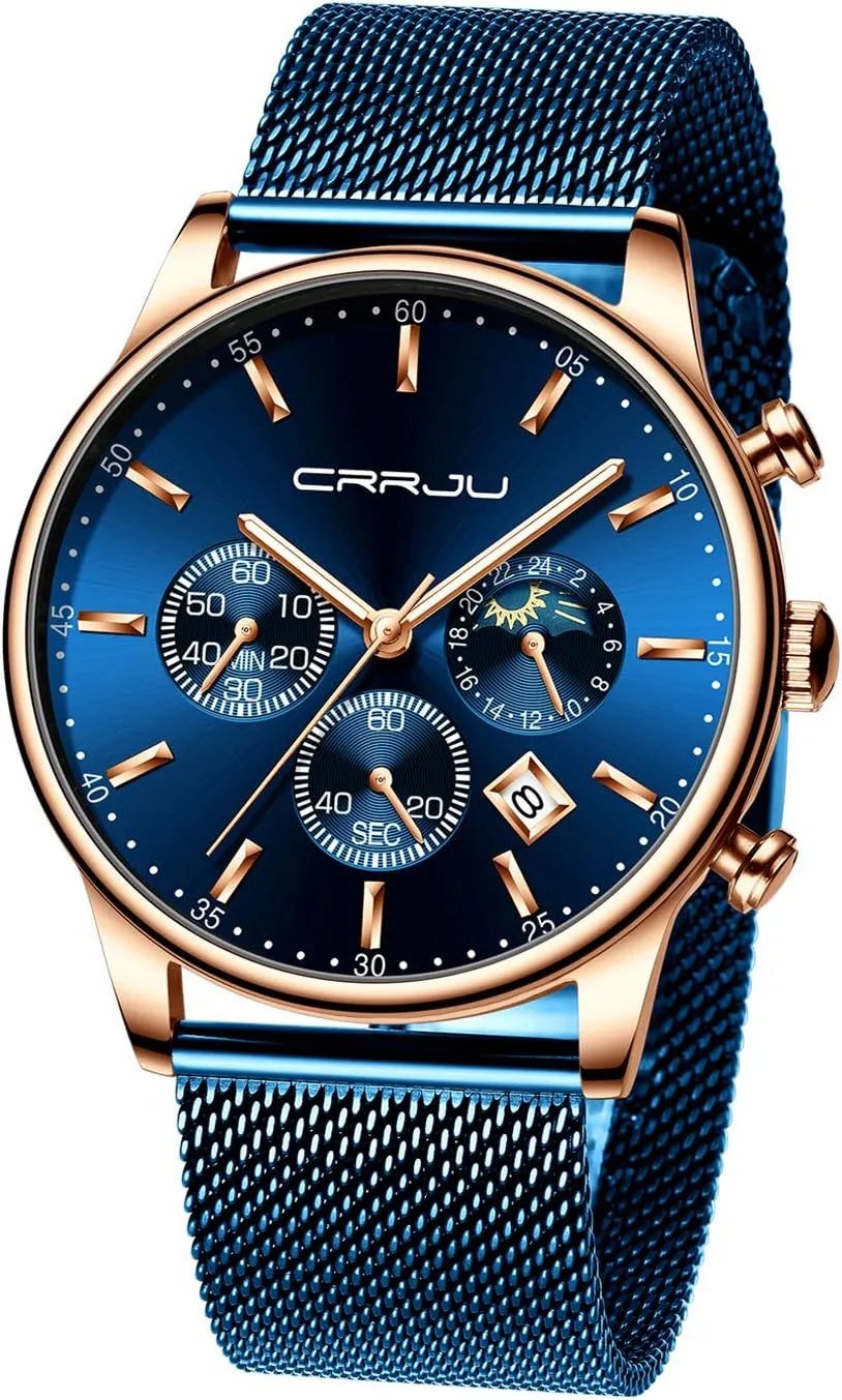 CRRJU Men's Fashion Casual Watches Auto Date Chronograph Watch Men Nice Work Watches Waterproof 30M Full Steel Quartz with Mesh Strap