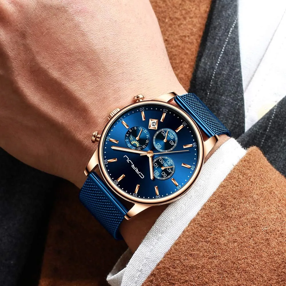 CRRJU Men's Fashion Casual Watches Auto Date Chronograph Watch Men Nice Work Watches Waterproof 30M Full Steel Quartz with Mesh Strap