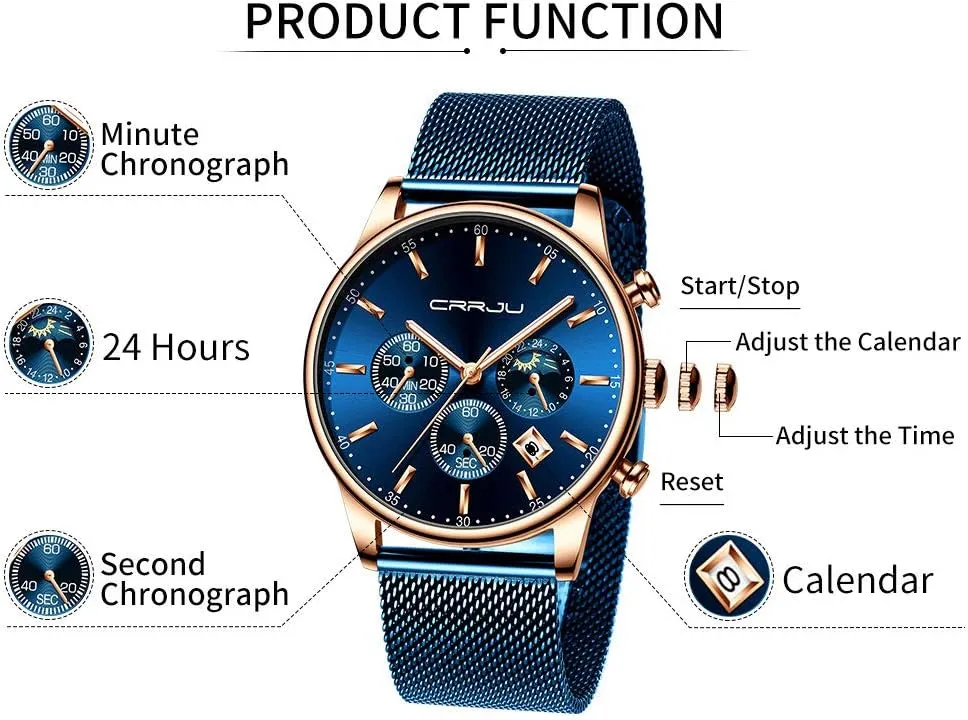 CRRJU Men's Fashion Casual Watches Auto Date Chronograph Watch Men Nice Work Watches Waterproof 30M Full Steel Quartz with Mesh Strap