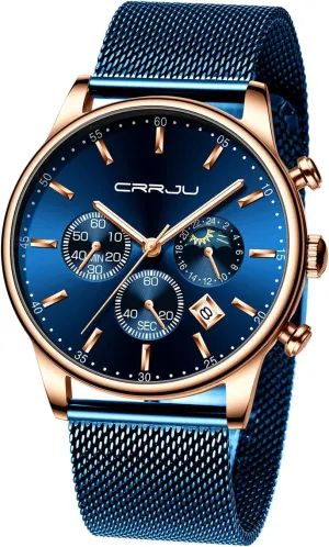 CRRJU Men's Fashion Casual Watches Auto Date Chronograph Watch Men Nice Work Watches Waterproof 30M Full Steel Quartz with Mesh Strap