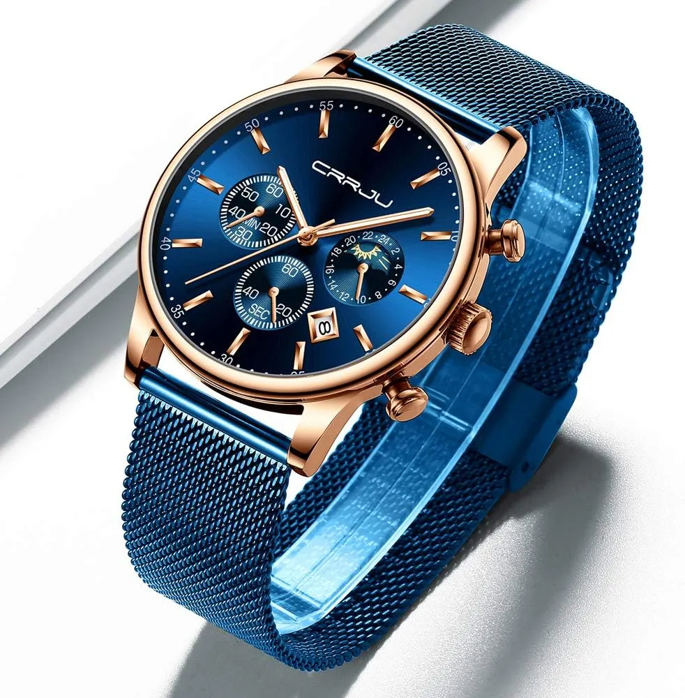 CRRJU Men's Fashion Casual Watches Auto Date Chronograph Watch Men Nice Work Watches Waterproof 30M Full Steel Quartz with Mesh Strap