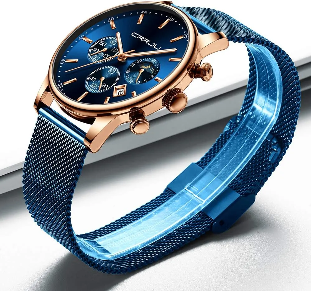 CRRJU Men's Fashion Casual Watches Auto Date Chronograph Watch Men Nice Work Watches Waterproof 30M Full Steel Quartz with Mesh Strap