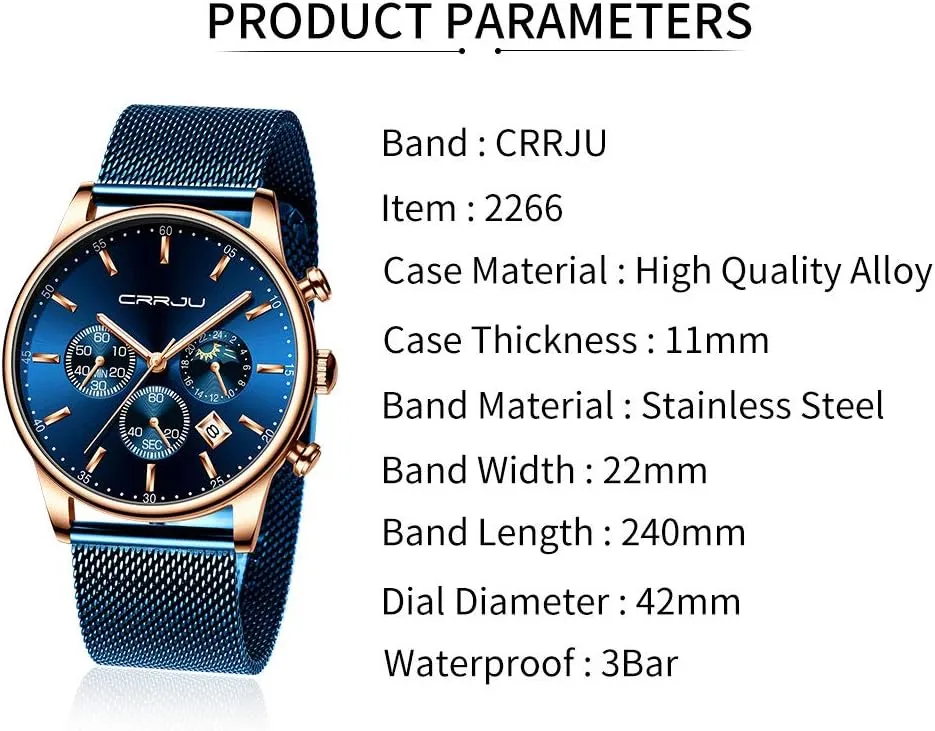 CRRJU Men's Fashion Casual Watches Auto Date Chronograph Watch Men Nice Work Watches Waterproof 30M Full Steel Quartz with Mesh Strap