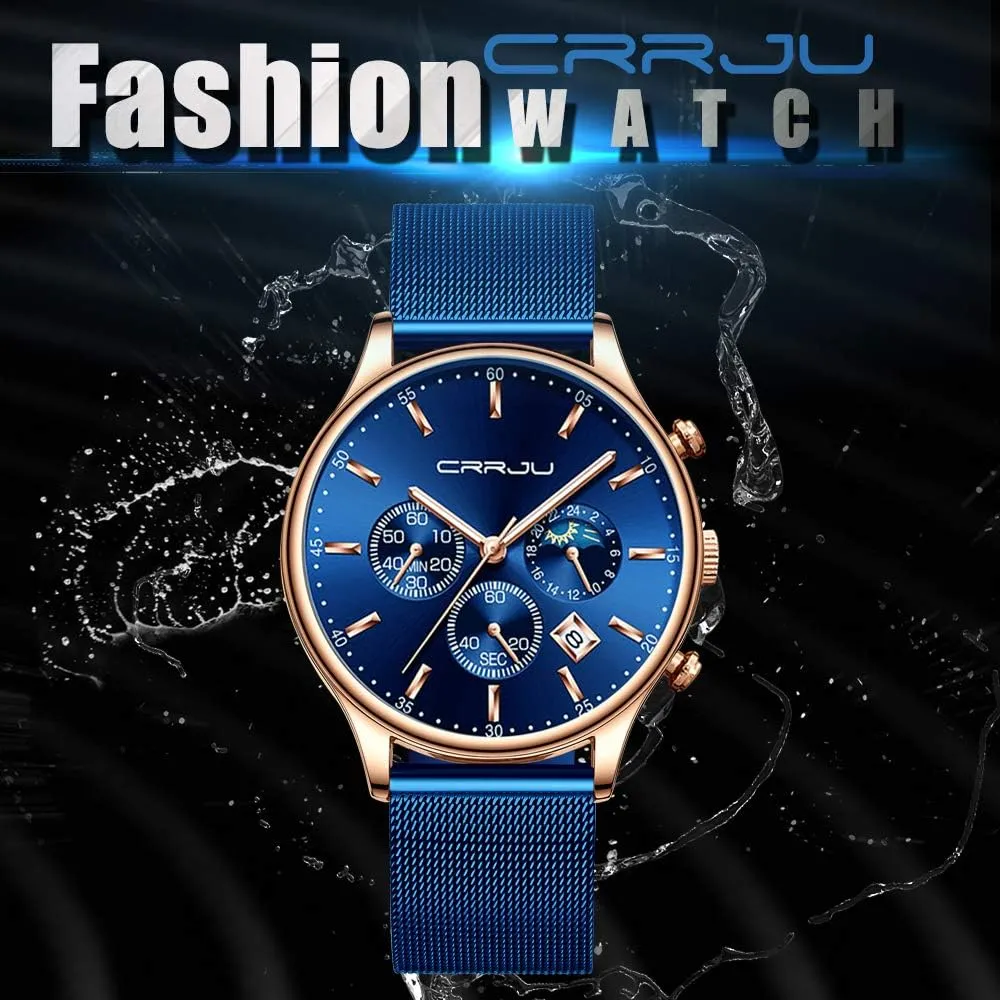 CRRJU Men's Fashion Casual Watches Auto Date Chronograph Watch Men Nice Work Watches Waterproof 30M Full Steel Quartz with Mesh Strap