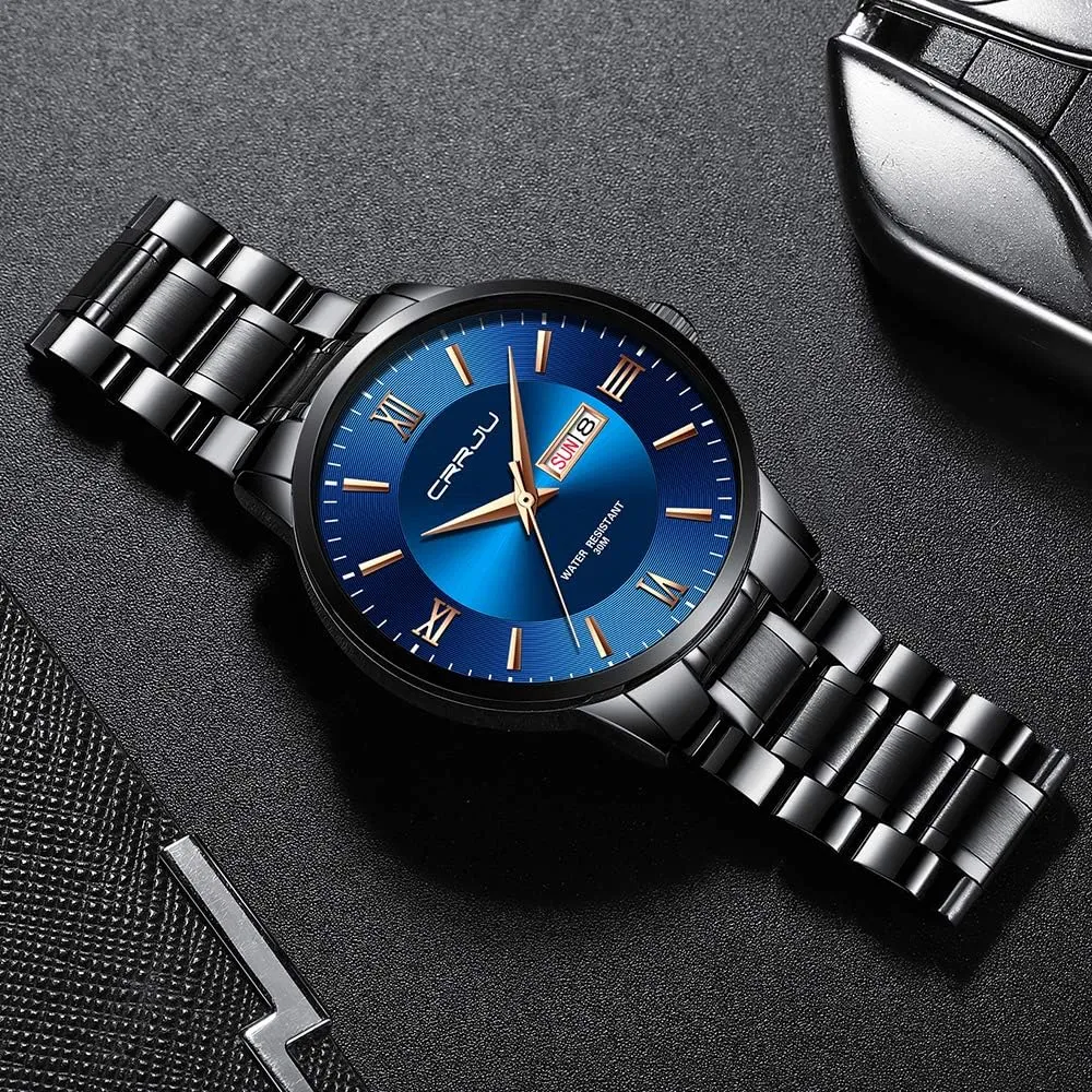 CRRJU Men's Fashion Luxury Stainless Steel Watches for Men Business Auto Date Chronograph Analog Quartz Wristwatches