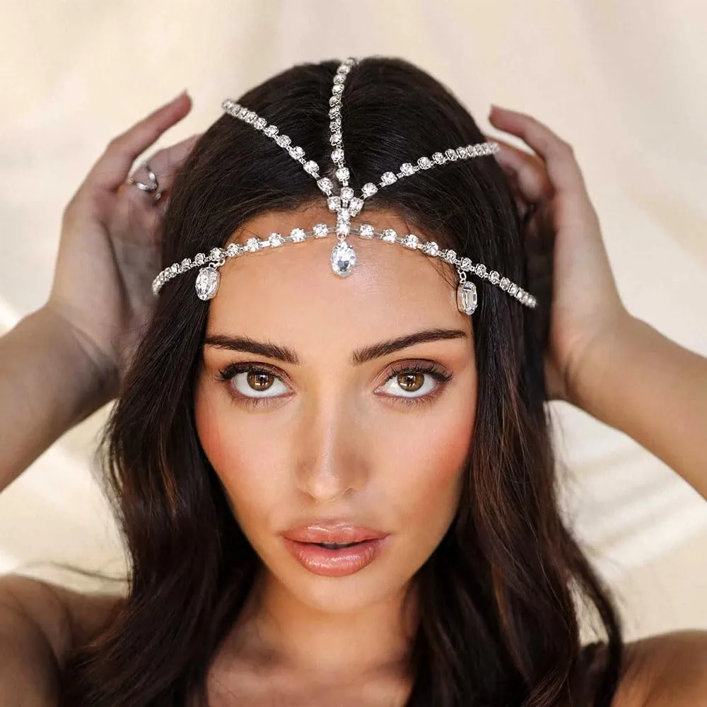 Crystal Head Chain Jewelry 20s Rhinestone Headpieces Vinatge Hair Jewelry Sparkly Headband Hair Accessories for Women (Silver-Boho)