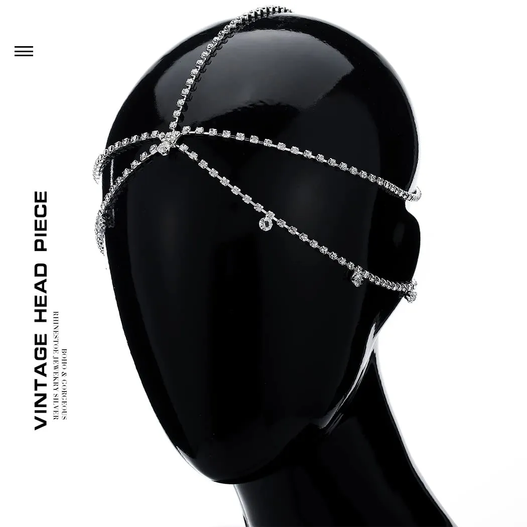 Crystal Head Chain Jewelry 20s Rhinestone Headpieces Vinatge Hair Jewelry Sparkly Headband Hair Accessories for Women (Silver-Boho)