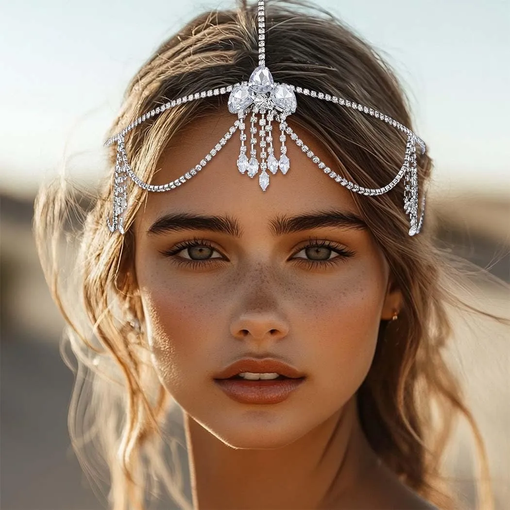 Crystal Head Chain Jewelry Vintage Rhinestone Headpiece Silver Costume Headband Wedding Hair Accessories