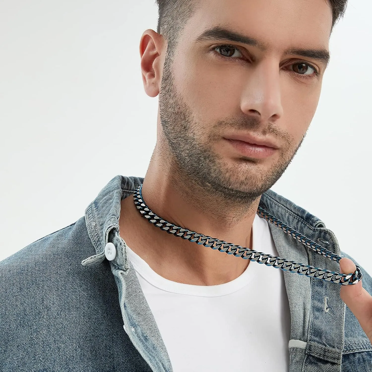 Cuban Link Chain Necklace for Men, 10MM Diamond-Cut Stainless Steel Two Tone Cuban Link Chain 18/20/22/24 Inch Blue/Black/Gold-Silver Necklace for Women Hypoallergenic Hip Hop Jewelry Gifts