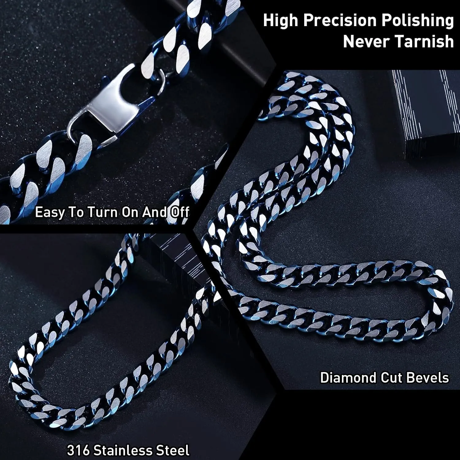 Cuban Link Chain Necklace for Men, 10MM Diamond-Cut Stainless Steel Two Tone Cuban Link Chain 18/20/22/24 Inch Blue/Black/Gold-Silver Necklace for Women Hypoallergenic Hip Hop Jewelry Gifts