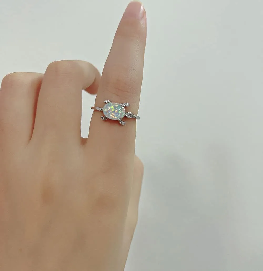 Cultured Opal Turtle Open Statement Ring Cubic Zirconia Crystal Sea Animals Pets Adjustable Stacking Finger Band Promise Eternity Wedding Expand Rings Cute Jewelry for Women Teen Girls Gifts