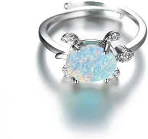 Cultured Opal Turtle Open Statement Ring Cubic Zirconia Crystal Sea Animals Pets Adjustable Stacking Finger Band Promise Eternity Wedding Expand Rings Cute Jewelry for Women Teen Girls Gifts