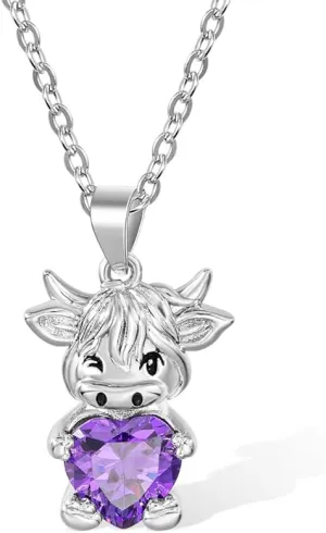Custom Highland Cow Pendant Necklace - Cute Blue Heart Crystal Animal Jewelry for Women - 925 Sterling Silver Charming Necklace - Birthday Present Gift for Girls Daughter