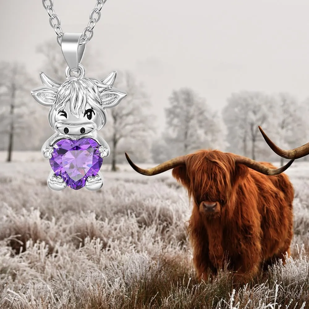 Custom Highland Cow Pendant Necklace - Cute Blue Heart Crystal Animal Jewelry for Women - 925 Sterling Silver Charming Necklace - Birthday Present Gift for Girls Daughter