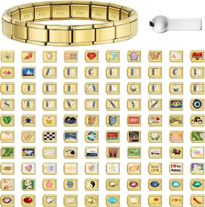 Custom Italian Charm Bracelet Gold - 6.75" Stainless Steel Modular Link with Tool, Personalized with 10 Charms - Classic Gold for Women & Men, DIY Gift