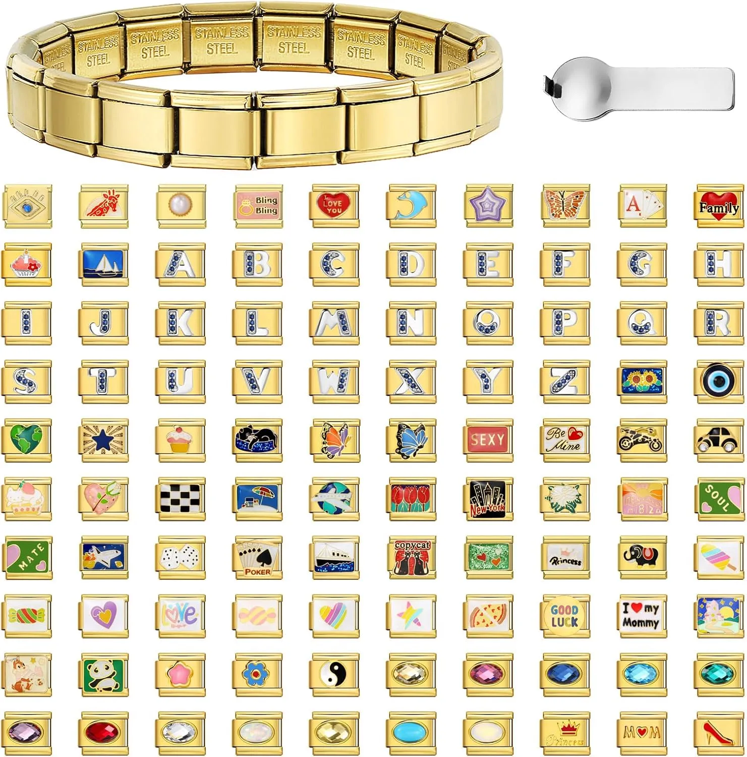 Custom Italian Charm Bracelet Gold - 6.75" Stainless Steel Modular Link with Tool, Personalized with 10 Charms - Classic Gold for Women & Men, DIY Gift