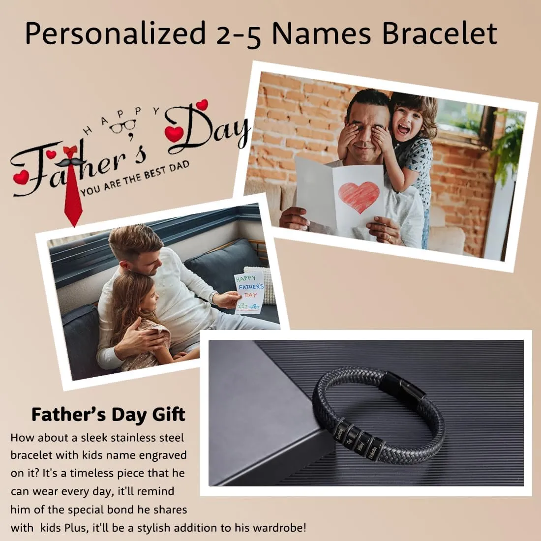 Custom Name Bracelets for Men, Engraved Men's Leather Braid Bracelet with 2-5 Names, Personalized Father's Day Gifts for Dad Husband Grandpa Boyfriends