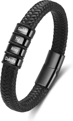 Custom Name Bracelets for Men, Engraved Men's Leather Braid Bracelet with 2-5 Names, Personalized Father's Day Gifts for Dad Husband Grandpa Boyfriends