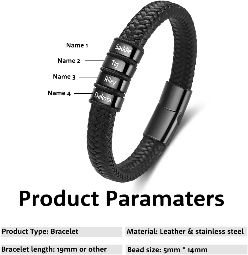 Custom Name Bracelets for Men, Engraved Men's Leather Braid Bracelet with 2-5 Names, Personalized Father's Day Gifts for Dad Husband Grandpa Boyfriends