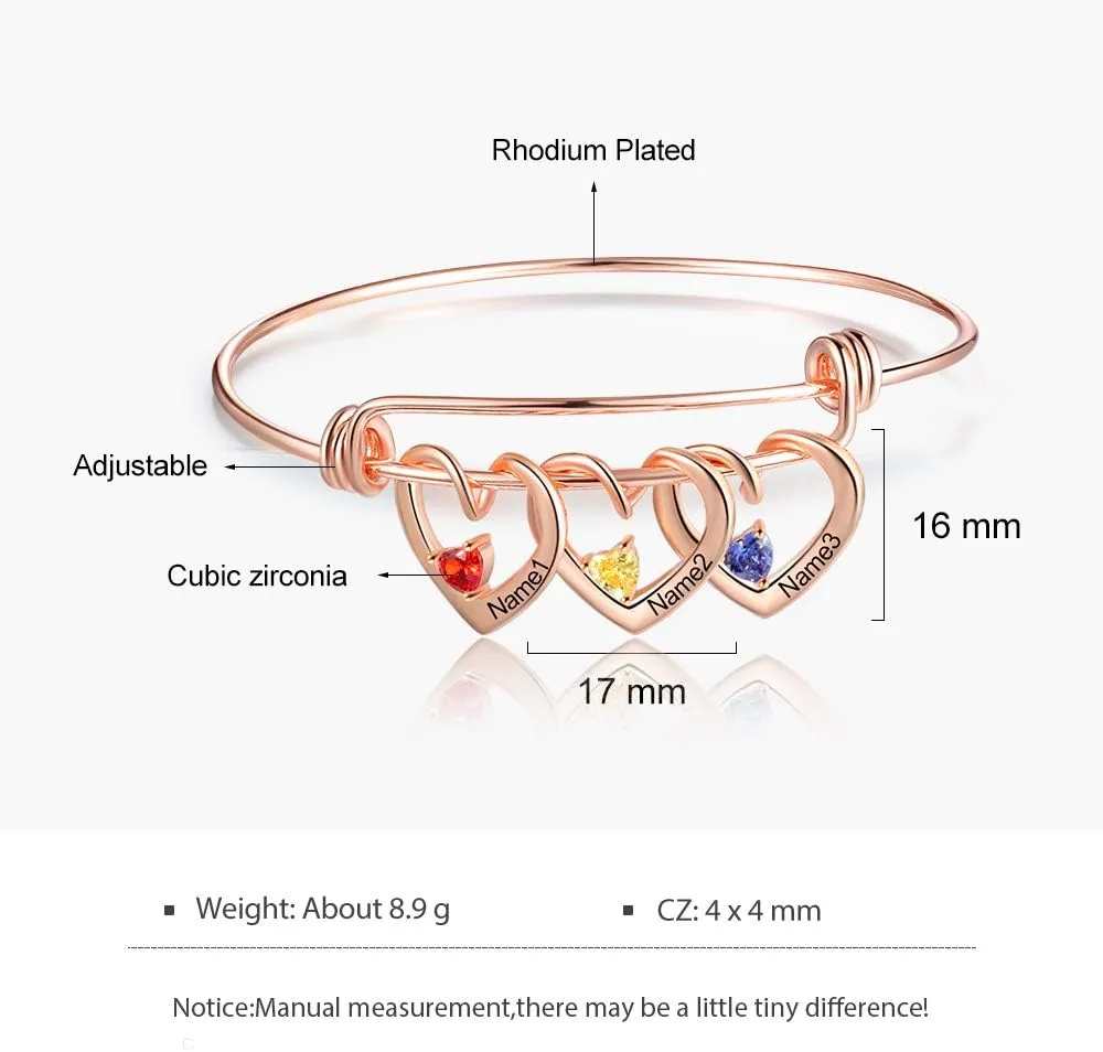 Custom Name Bracelets with 2-3 Hearts Simulated Birthstones Free Engraved Personalized Bangle Bracelets for Women