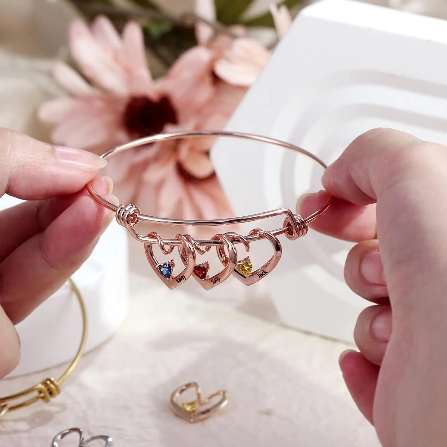 Custom Name Bracelets with 2-3 Hearts Simulated Birthstones Free Engraved Personalized Bangle Bracelets for Women
