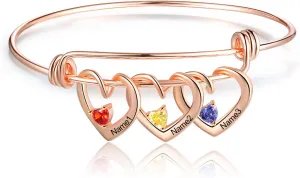 Custom Name Bracelets with 2-3 Hearts Simulated Birthstones Free Engraved Personalized Bangle Bracelets for Women