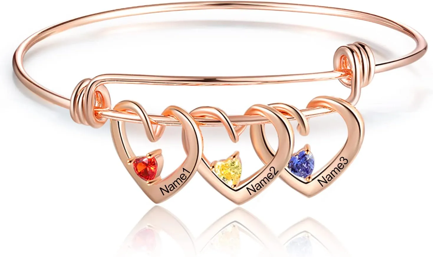Custom Name Bracelets with 2-3 Hearts Simulated Birthstones Free Engraved Personalized Bangle Bracelets for Women