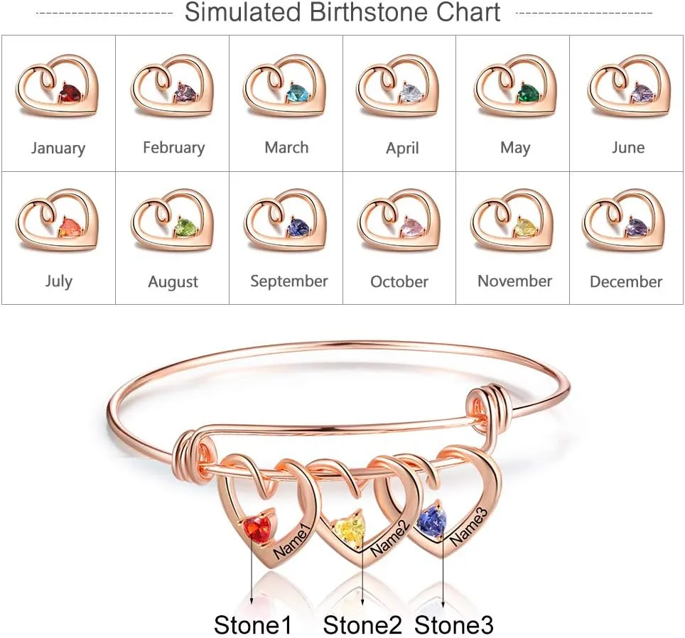 Custom Name Bracelets with 2-3 Hearts Simulated Birthstones Free Engraved Personalized Bangle Bracelets for Women