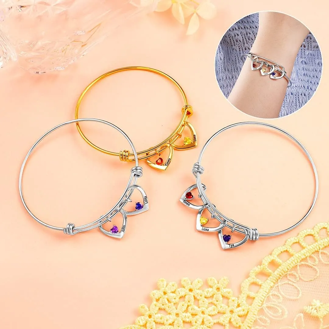 Custom Name Bracelets with 2-3 Hearts Simulated Birthstones Free Engraved Personalized Bangle Bracelets for Women