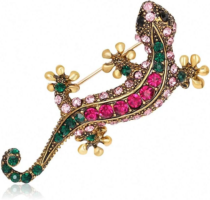 Cute Animal Gecko Brooches Alloy Crystal Wobrooch Pins Badges Clothes Jewelry Girl Romantic Wedding