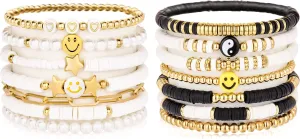Cute Preppy Heishi Friendship Bracelets Stack Set for Teen Girls,Stretch Stackable Colorful Elastic Clay Gold Bead Bracelets for Women,Summer Beach Heart Happy Smile Y2k Birthday Gifts Idears
