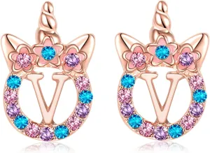 Cute Rose Gold Silver Initial Unicorn Hypoallergenic Stud Earrings Rhinestone Initial Letter Stud Earrings for Girls Unicorns Jewelry Gifts for Kids Toddler