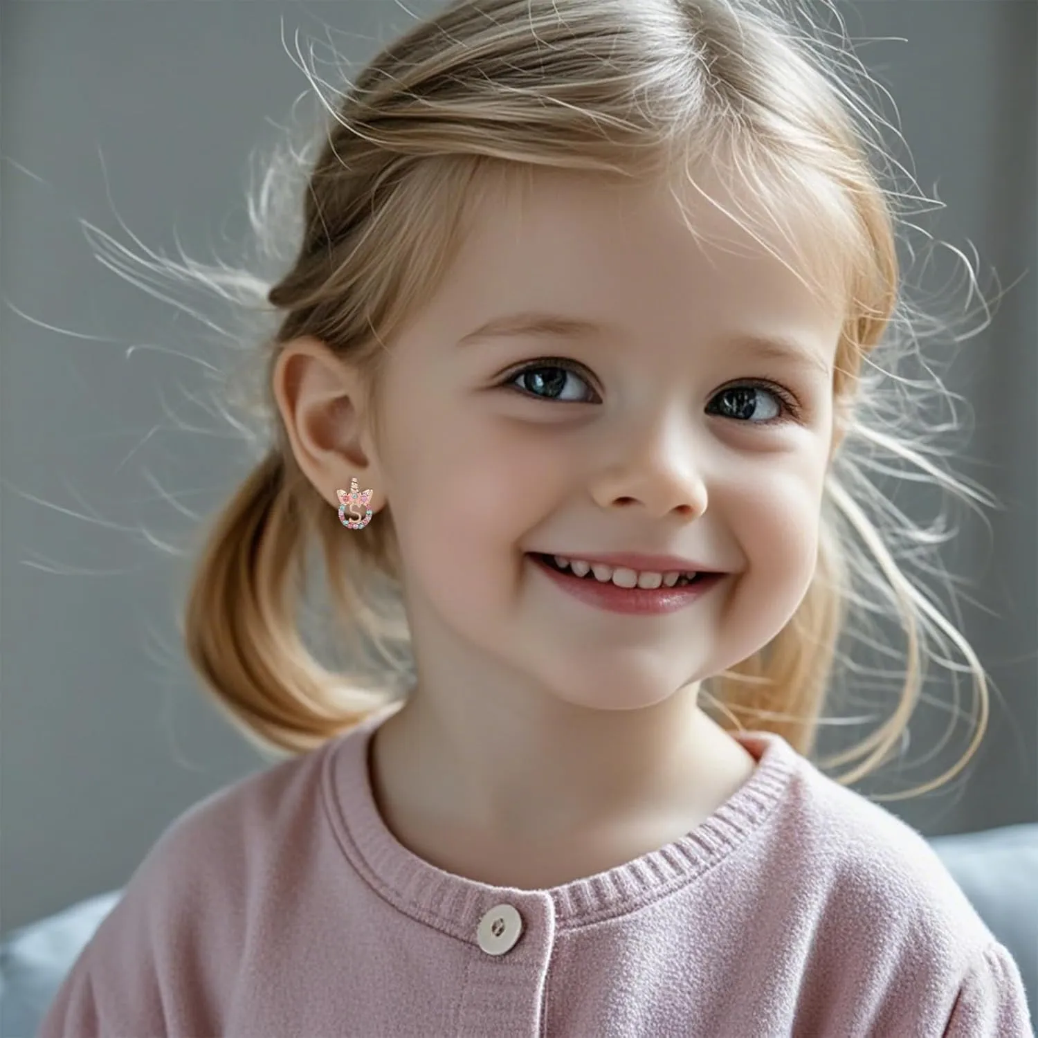 Cute Rose Gold Silver Initial Unicorn Hypoallergenic Stud Earrings Rhinestone Initial Letter Stud Earrings for Girls Unicorns Jewelry Gifts for Kids Toddler