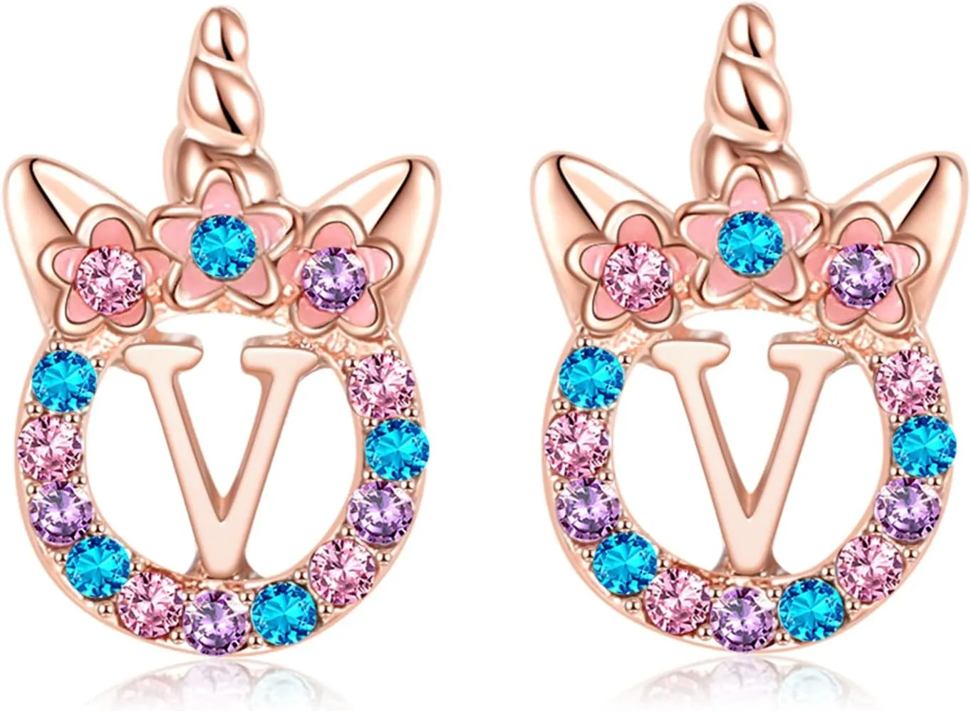 Cute Rose Gold Silver Initial Unicorn Hypoallergenic Stud Earrings Rhinestone Initial Letter Stud Earrings for Girls Unicorns Jewelry Gifts for Kids Toddler