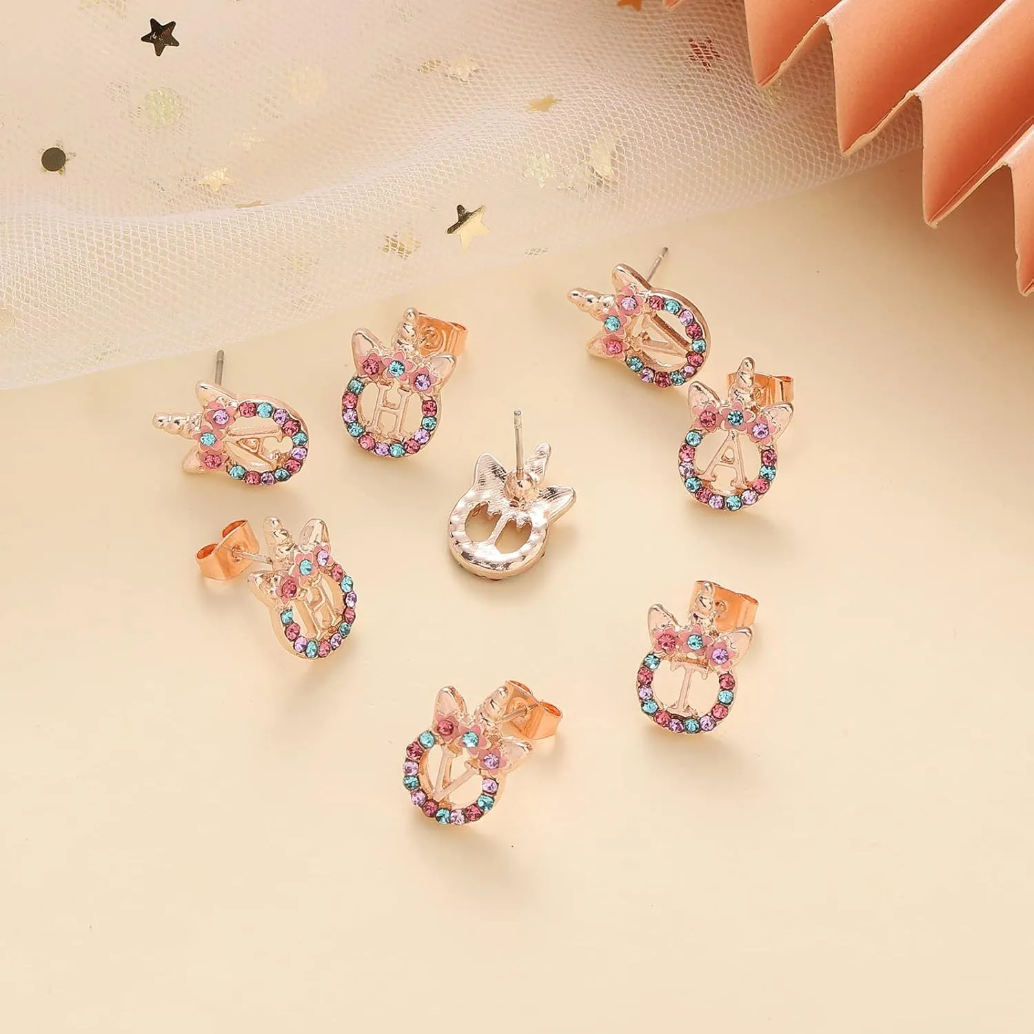 Cute Rose Gold Silver Initial Unicorn Hypoallergenic Stud Earrings Rhinestone Initial Letter Stud Earrings for Girls Unicorns Jewelry Gifts for Kids Toddler