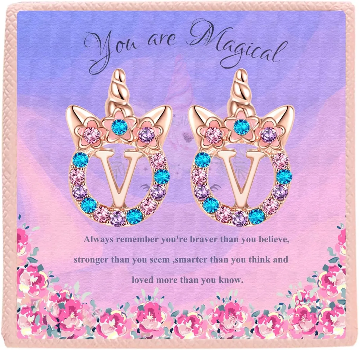 Cute Rose Gold Silver Initial Unicorn Hypoallergenic Stud Earrings Rhinestone Initial Letter Stud Earrings for Girls Unicorns Jewelry Gifts for Kids Toddler