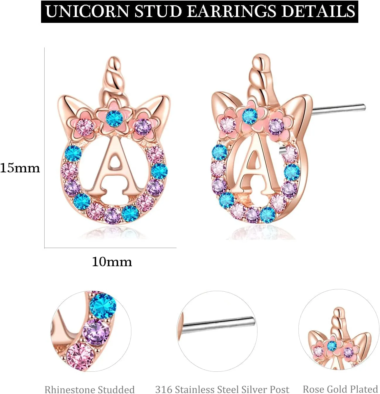 Cute Rose Gold Silver Initial Unicorn Hypoallergenic Stud Earrings Rhinestone Initial Letter Stud Earrings for Girls Unicorns Jewelry Gifts for Kids Toddler