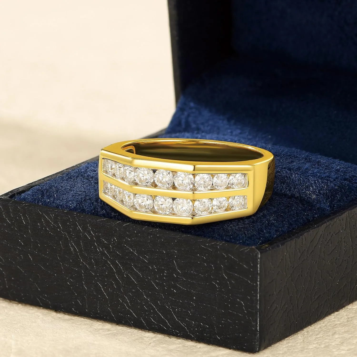 D Color VVS1 Mens Moissanite Wedding Band 925 Sterling Silver Yellow Gold Engagement Rings for Men Groom Eternity Pave Round Size 8-13