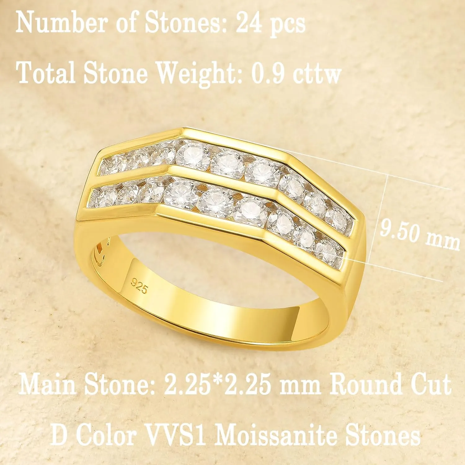 D Color VVS1 Mens Moissanite Wedding Band 925 Sterling Silver Yellow Gold Engagement Rings for Men Groom Eternity Pave Round Size 8-13