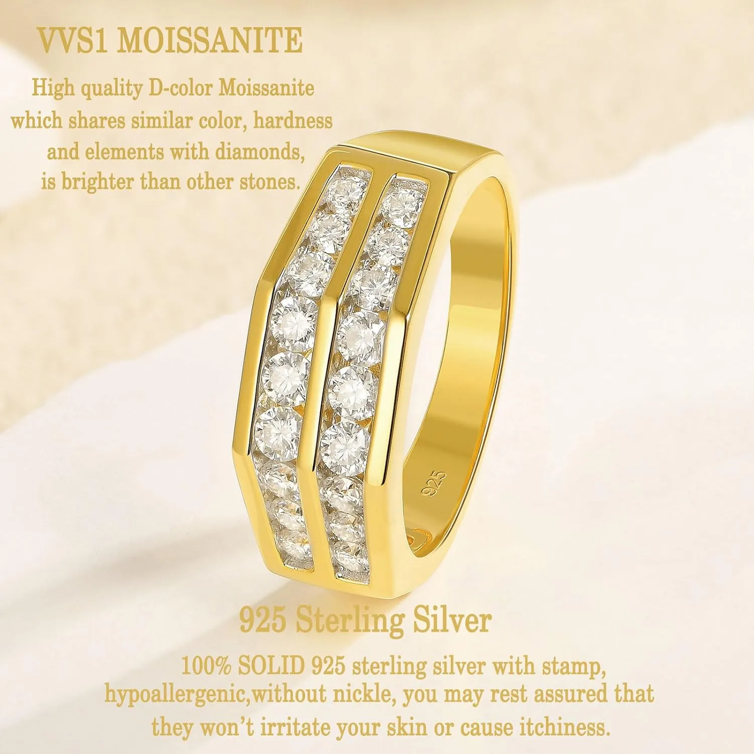 D Color VVS1 Mens Moissanite Wedding Band 925 Sterling Silver Yellow Gold Engagement Rings for Men Groom Eternity Pave Round Size 8-13