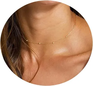 Dainty Chain Necklace for Women 18K Gold Plated Coin Disc Choker Necklaces Simple Satellite Beaded Twisted Chain Necklace Delicate Thin Paper Clip Necklaces Everyday Jewelry